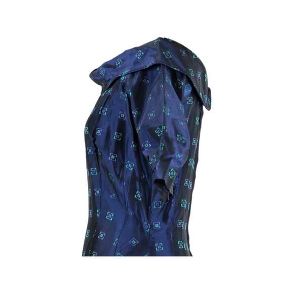 1950s Navy Blue Day Dress Purple Green Geometric Print Size Small - Picture 11 of 14